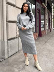 SHEIN LUNE Bộ đồ nữ 2 món: Áo và chân váy dệt kim màu xám, bộ đồ mùa đông. - Xám - Xem 4