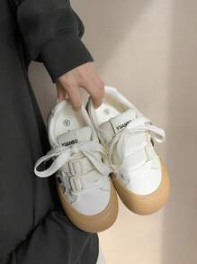 Beige Elastic Contrast Stitching Leather Casual Comfortable Sneakers For Girl & Teenagers - Beige - View 5