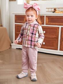 SHEIN Baby Girl Plaid 2pcs Outfit, Casual Wear Or Layering Piece, Suitable For Autumn/Winter , Fall Clothes - Pink - View 5