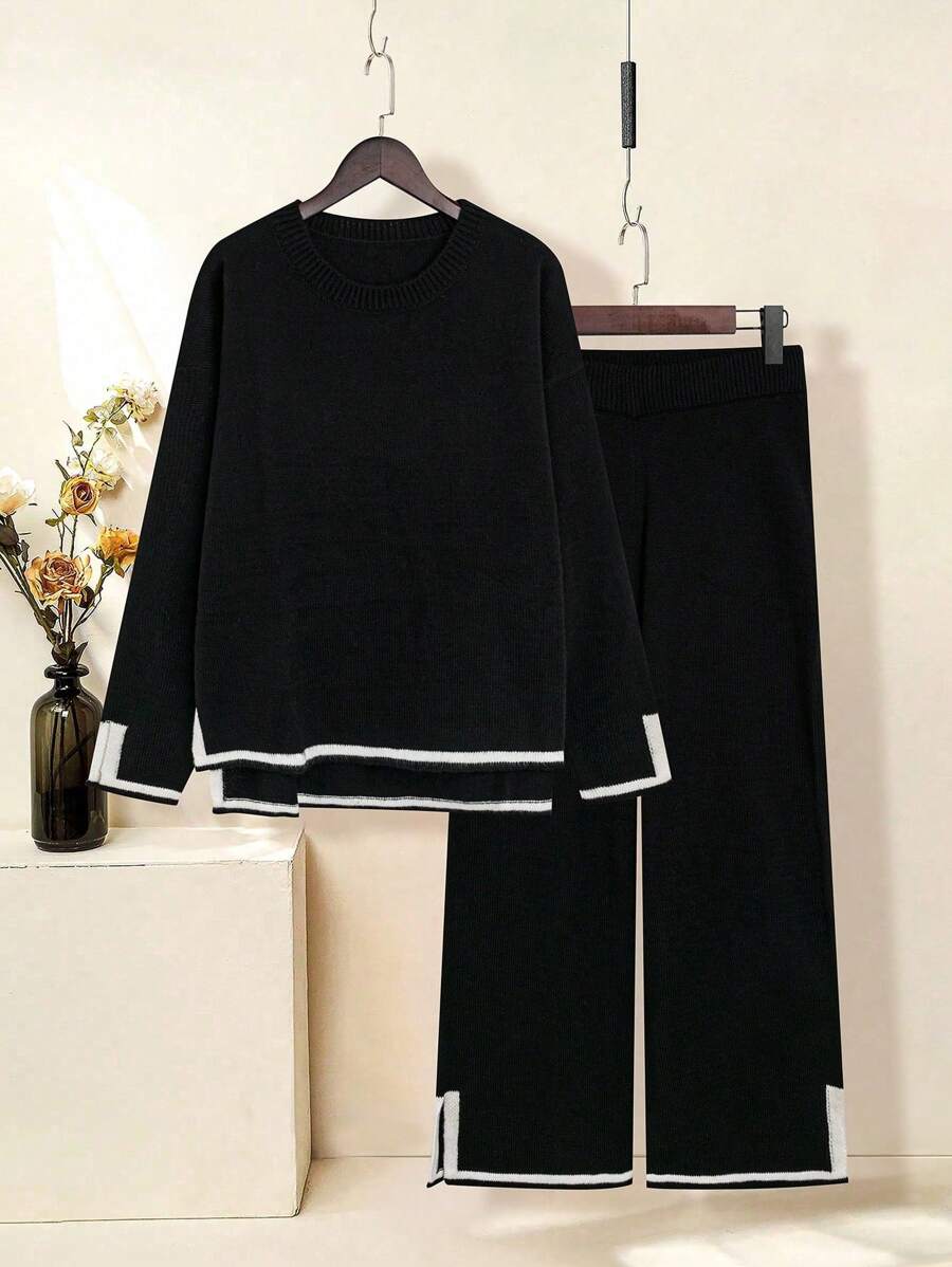 SHEIN CURVE+ Conjunto de suéter de punto con dobladillo asimétrico y bloques de color + pantalones sueltos con abertura en el dobladillo para mujer de talla grande, conjunto informal de otoño/invierno, set de dos piezas de suéter y pantalones de invierno