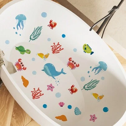 6 件套 PVC 浴缸贴纸，卡通海洋生物图案浴缸贴花，适用于浴室情人节、情人节婚礼、生日