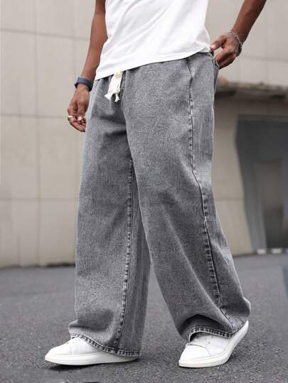 Manfinity Homme Plus Size Men Light Grey Acid Wash Distressed Loose Wide Leg Jeans, Plain Long Oversize Light Grey Acid Wash Cargo Jeans, For Husband, Boyfriend Gifts Going Out Hang Out Commute Vacation Street