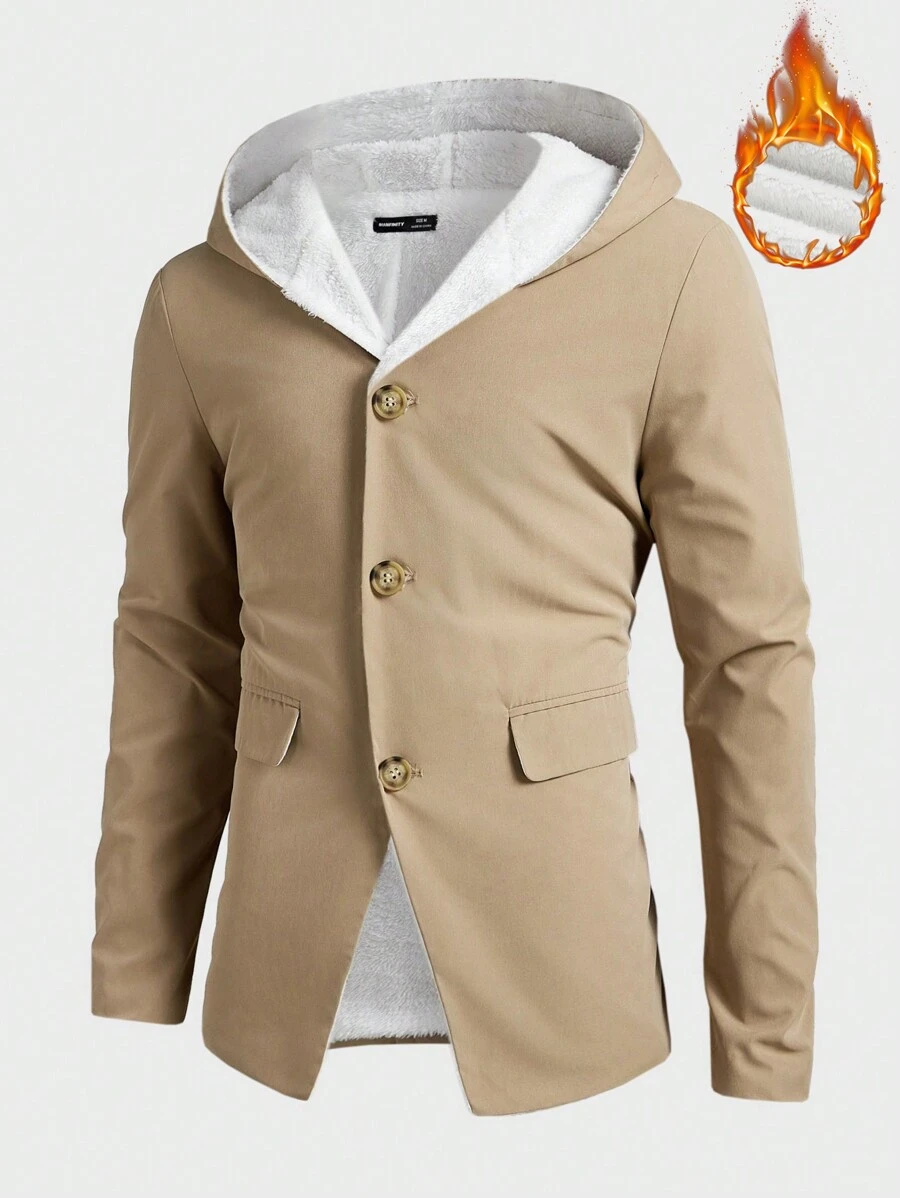 Manfinity VCAY Men's Fitted Shoulder Business Casual Hooded Trench Coat With Thermal Lined, Suitable For Autumn & Winter - Khaki - View 1