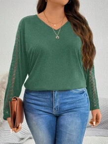 SHEIN LUNE 大码女式春秋季纯色撞色蕾丝V领蝙蝠袖长袖休闲T恤绿色节日圣诞新年冬季女装新年女装 - 墨綠色 - 查看 3
