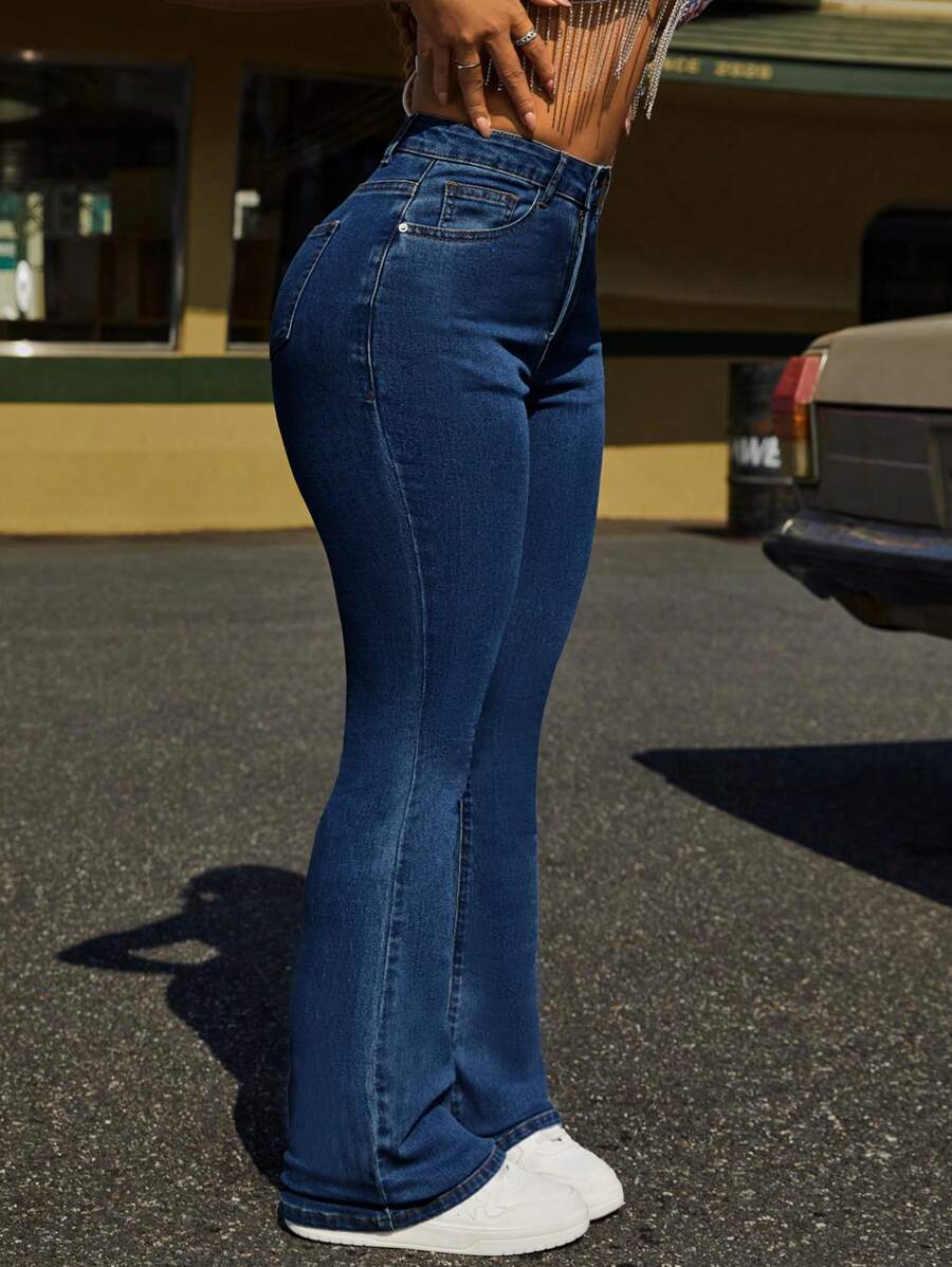 SHEIN PETITE 女式前扣口袋简约风格牛仔裤，日常休闲 - 深色水洗藍 - 查看 1