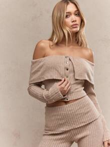 MISSGUIDED Ribbed Button Front Off Shoulder Co Ord Set Long Sleeve Crop Top High Waist Flare Pants Winter Fall Spring Casual Outfit - Khaki - View 4