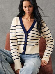 Poéselle 条纹毛衣，深蓝色条纹开衫毛衣，女士毛衣，1 件女士宽松休闲条纹长袖纽扣开衫，秋冬，休闲时尚，海军蓝风格，面料舒适温暖，秋冬必备，适合日常、街头、通勤、家居等场合穿着