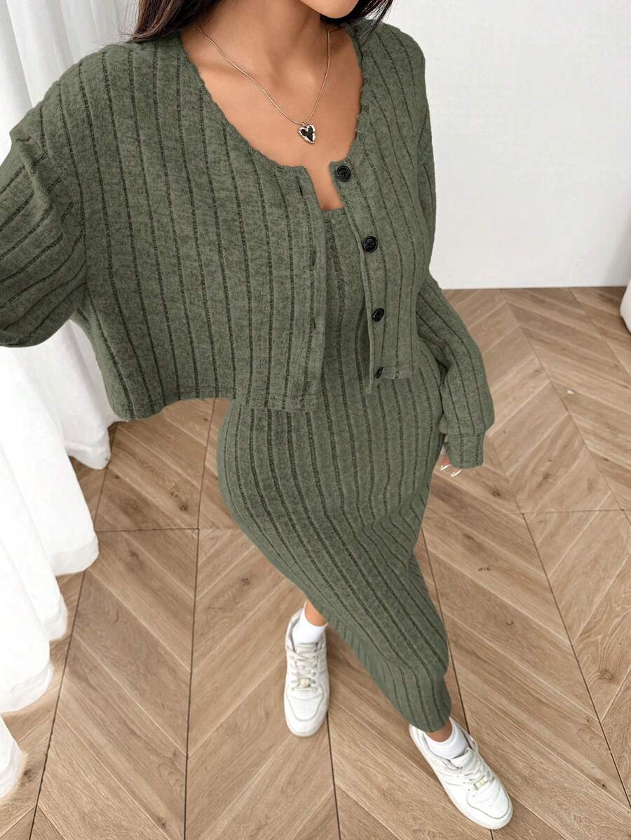SHEIN EZwear Women's New Autumn Ribbed Knit Drop Shoulder Front Button Jacket And Skinny Mid-Length Dress Set - Army Green - View 1