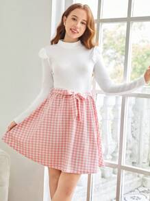 SHEIN Leap Crew Teen Girl Casual Cap Sleeve Ribbing Patchwork Houndstooth Pattern Dress - Pink - View 3