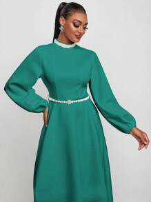 VNCIRCLE Designer Elegant Green Mock Neck Lantern Sleeve Dress With Belt, For Spring, Festival, Holiday, Party, Birthday Outfits, Wedding Prom Dress - Green - View 4