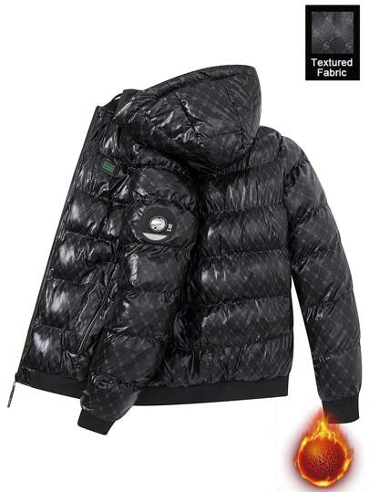 Chillumni Men Long Sleeve All-Over Print Quilted Zip-Up Hooded Padded Coat For Winter, Going Out Warm Graphic Casual Coat, For Friends, Husband, Boyfriend Gifts, Men Outerwear, For Fall