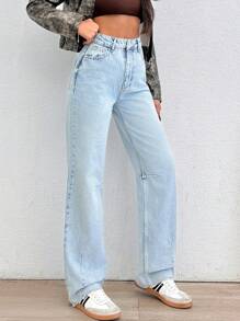 EURMUSE High Waist Wash Detailed Straight Jean - Medium Wash - View 6