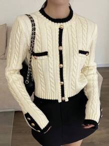 DAZY Women's Elegant Contrast Trim Button Knit Sweater, Autumn - Beige - View 3