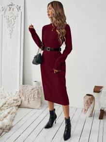 EMERY ROSE Women Solid Color Casual Simple Knitted Sweater Dress For Autumn/Winter Fall Cloth For Women - Burgundy - View 6