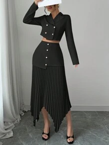 Elenzga Elegant Women 2 Pieces Set With Jacket Collar, Button Closure, Ruched Detail And Asymmetrical Hem Fall Cloth For Women - Black - View 1