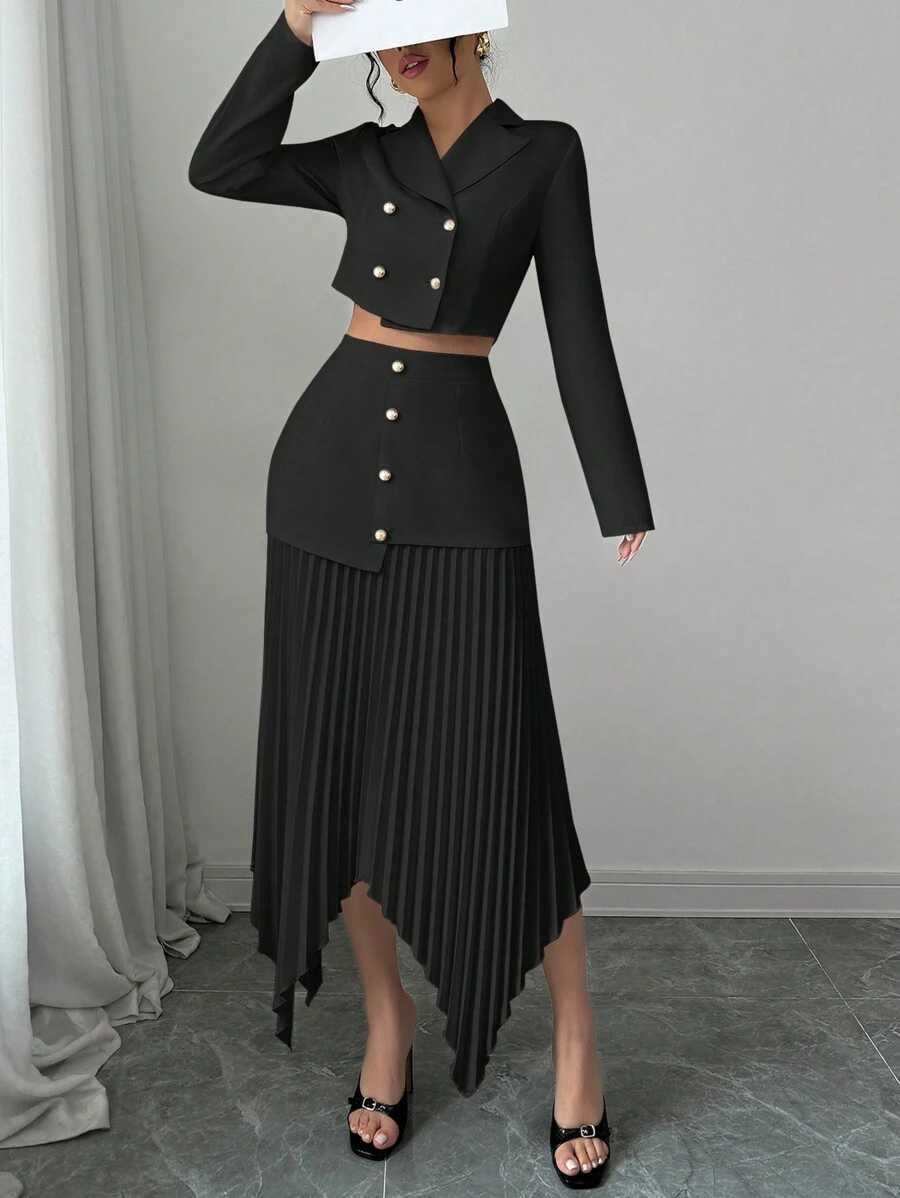 Elenzga Elegant Women 2 Pieces Set With Jacket Collar, Button Closure, Ruched Detail And Asymmetrical Hem Fall Cloth For Women - Black - View 1