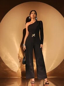 SHEIN SXY 秋季女装；办公室装女士节日服装派对夜店金色腰带扣黑色单袖露肩女式连体裤