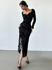 Firerie Nuevo vestido elegante de otoño/invierno con cuello cuadrado acolchado con flores, drapeado y abertura con volante en el bajo para un efecto estilizador