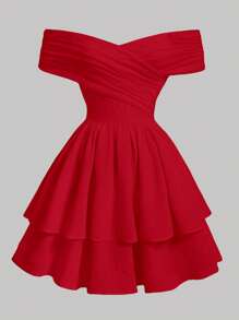 SHEIN Girlism Đầm suông trễ vai cổ chéo xếp nếp eo chữ A xếp nếp nhiều lớp màu trơn cho bé gái tuổi teen, thích hợp cho các buổi đi chơi và tiệc tùng - Đỏ - Xem 2