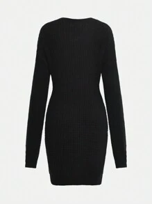 Teens Girls' Black Honeycomb Texture Crochet Decor Collar Sweater Dress, Elegant And Fashionable Design - Black - View 2