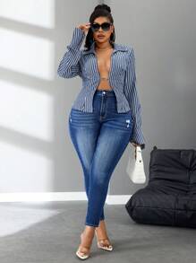 SHEIN SXY Quần Jeans Skinny Fit Co Giãn Giặt Sẵn Cỡ Lớn Cho Nữ - Rửa tối - Xem 4