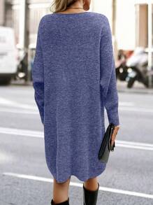 SHEIN Clasi Women's Solid Color V-Neck Batwing Sleeve Casual Knit Sweater Dress, Autumn/Winter - Dusty Blue - View 2