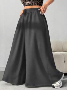 SHEIN EZwear 大尺碼女款純色抽繩腰口袋寬腿鬆垮休閒軟挺長褲，秋季正式居家褲，黑色 - 深灰色 - 查看 4