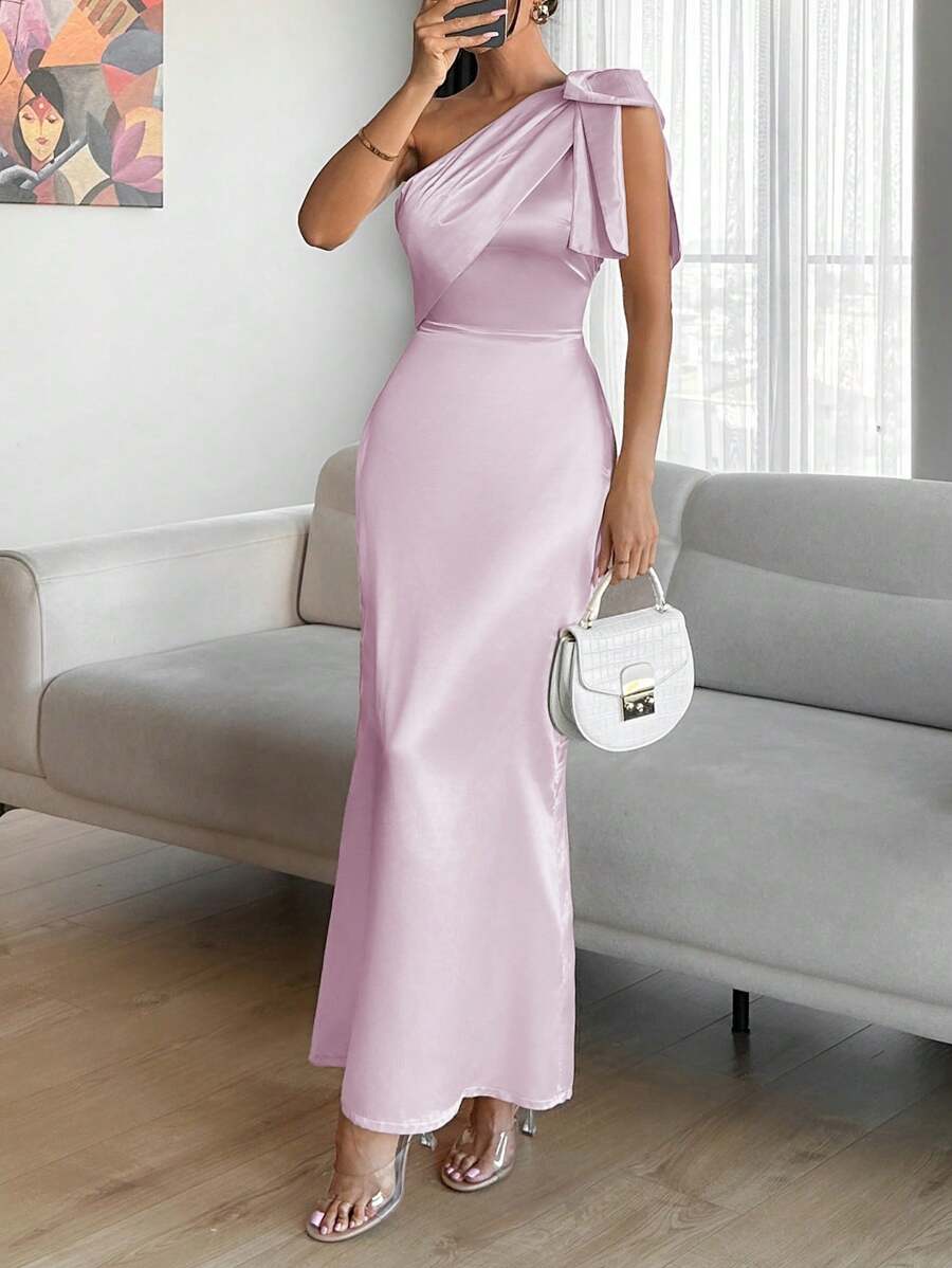 EURMUSE Chimpagne Color Tie Detail Satin Dress - Pink - View 1