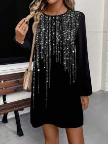 SHEIN LUNE Women Faux Rhinestone & Tassel Decor Dress - Black - View 5