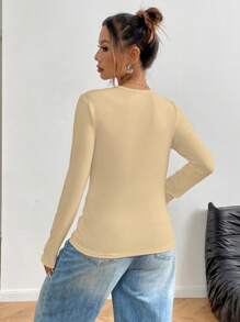 INAWLY Solid Deep V-Neck Ribbed Long Sleeve T-Shirt Fall Cloth For Women - Apricot - View 2