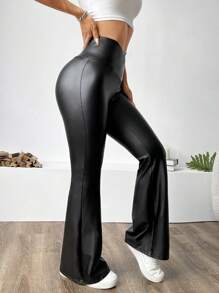 SHEIN EZwear Plus Size Casual Black V-Shape Waist Fitted Flare Pants - Black - View 5