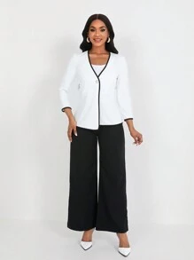 SHEIN Clasi 2pcs/Set Casual Commuter Color Block Trim Top And Pants Suit, Autumn - Black and White - View 5