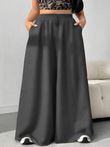 SHEIN EZwear 大尺碼女款純色抽繩腰口袋寬腿鬆垮休閒軟挺長褲，秋季正式居家褲，黑色 - 深灰色 - 查看 5