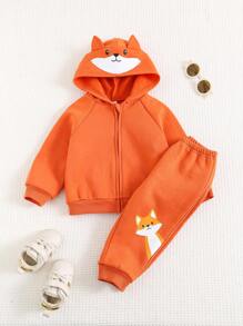 Cozy Pixies 2 件装男婴卡通狐狸耳朵连帽开衫夹克和慢跑裤套装 - 橘色 - 查看 5