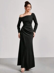 Coutiva 1pc Women's Asymmetrical Neck Long Sleeve Ruched Long Party Gown Dress, Fashion Banquet Party New Year's Eve Festival Socialite Elegant Dress, Wedding Guest Dress, Formal Dress, Evening Dress - Black - View 6