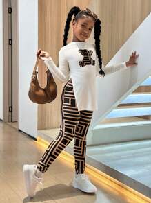 SLAYR KIDS Tween Girls Sporty Casual Bear Print Knit Long Sleeve Top & Geometric Pattern Leggings Set