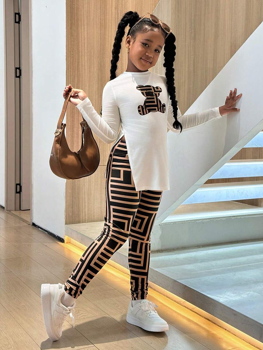 Conjunto de top de manga larga con estampado de oso y leggings con estampado geométrico, informal y deportivo para niñas preadolescentes - Multicolor - Ver 1