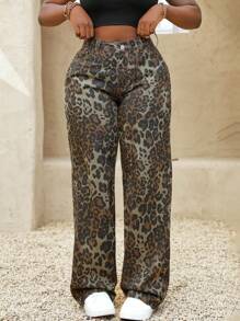 SHEIN Slayr Women Leopard Print Loose Low-Waisted Straight Leg Jeans - Multicolor - View 1