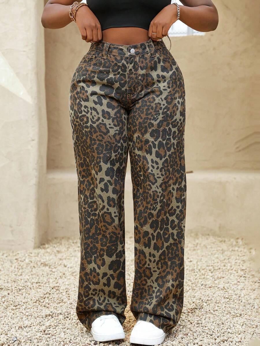 SHEIN Slayr Women Leopard Print Loose Low-Waisted Straight Leg Jeans - Multicolor - View 1