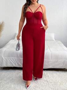 SHEIN Privé Plus Size Solid Color Spaghetti Strap Hollow-Out Minimalist Fitted Jumpsuit - Red - View 4