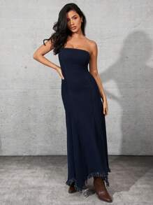 Denimoi 1pc Sleeveless Raw Hem Fitted Denim Dress