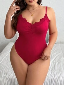 SHEIN Privé Plus Size Elegant Commuter Workplace Intelligent High-End Venue Refined Afternoon Tea Slightly Sexy Date Music Concert Party Christmas Dark Red Camisole Lace Splice Front Middle Pleats Holiday; New Year; Party; Elegant Office Fairy Bodysuit - Red - View 4