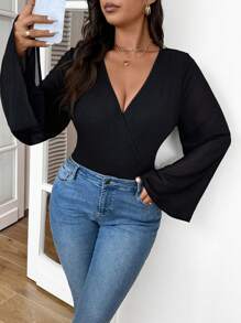 SHEIN Frenchy 大码黑色休闲简约网眼撞色喇叭袖紧身衣，适合冬季