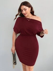Firerie 大碼不對稱領蝙蝠袖緊身連衣裙 - 酒紅色 - 查看 1