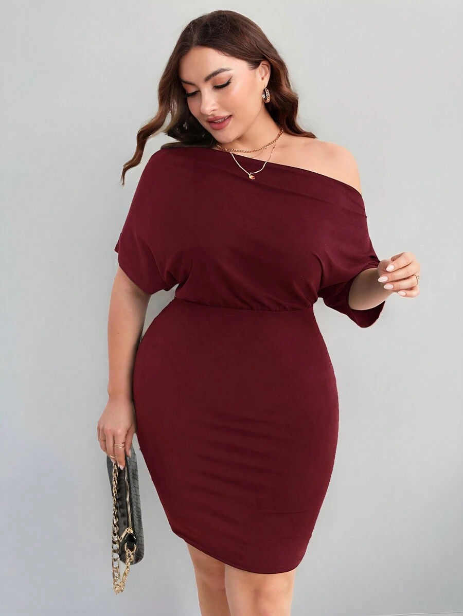 Firerie 大碼不對稱領蝙蝠袖緊身連衣裙 - 酒紅色 - 查看 1