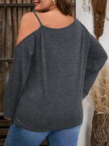 SHEIN LUNE Áo thun tay dài họa tiết đầu lâu đính đá cỡ lớn cho nữ, thường ngày, thu/đông, dây đeo vai bất đối xứng - Màu xám đen - Xem 2