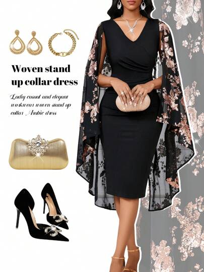 SHEIN Lady Autumn And WinterCasualElegantWorkWovenStand PleatedCollarArabian Dresses