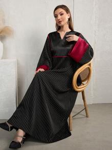 Al Najma 保守土耳其条纹拼接通勤长袍 - 黑色 - 查看 7