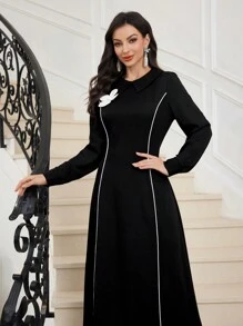 Modelyn Women's Elegant Contrast Color Floral Decor A-Line Long Dress Maxi Women Outfit Long Evening Dresses - Black - View 7