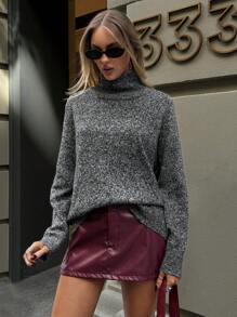 Aloruh Women's Autumn/Winter New Striped Splice Thick Knitted Sweater, Fashion Oversized Pullover Long Sleeve Knitwear - Dark Grey - View 4